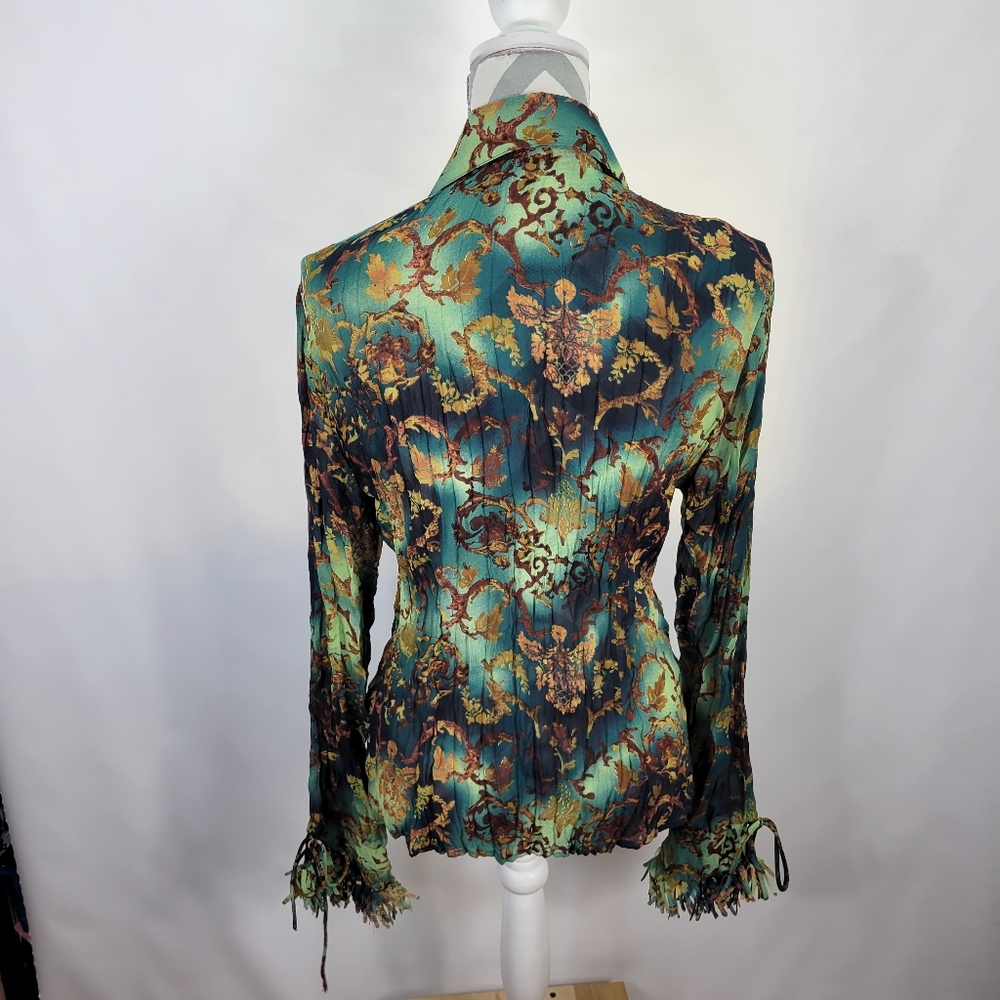 Violet & Claire Sheer Crinkle Blouse Green Teal Brown Tie at Cuffs Fringe XL - Picture 6 of 12